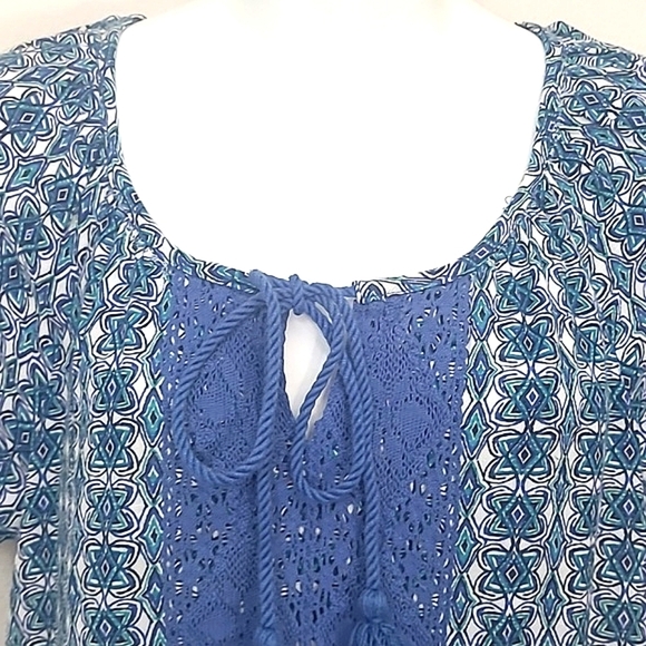 Mexican Peasant Blouse short sleeve tunic Lace 100% Cotton Turquoise Royal Blue - Picture 2 of 6